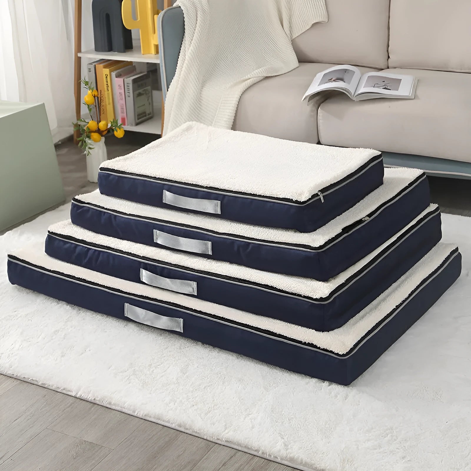 Brown removable cover memory foam dog mat showing size options on a wooden floor.