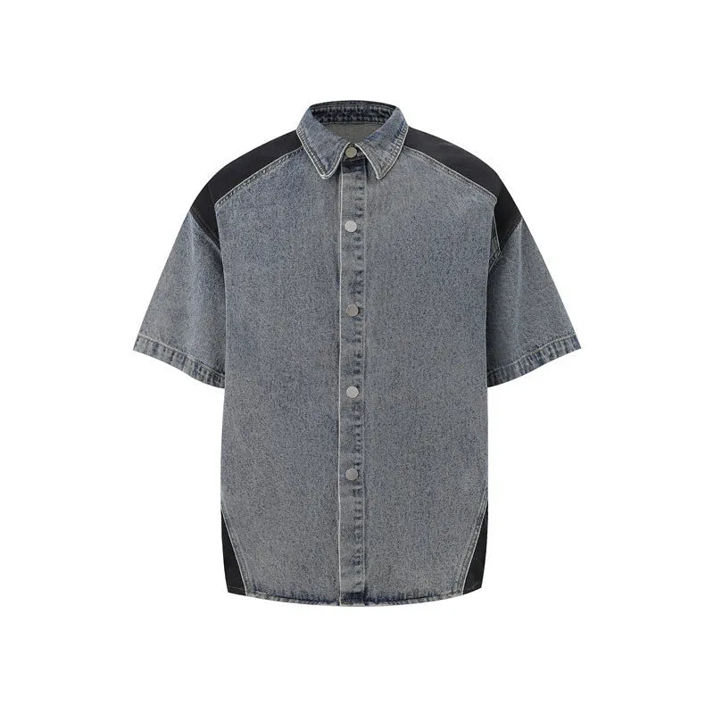 Men's retro washed denim suit set with short sleeve jacket and trousers in blue.