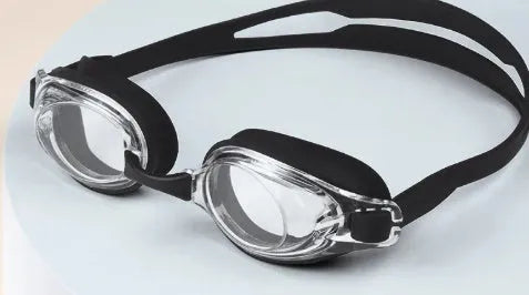 Adult swimming goggles with myopia correction lenses and a hard protective storage case.