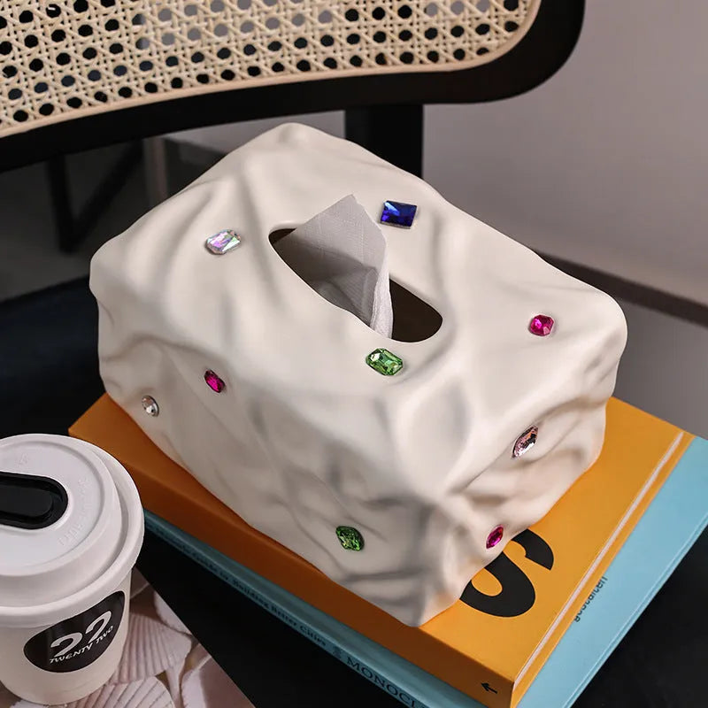 Ceramic tissue box with gem party design in matte coconut milk white or silver electroplated colour