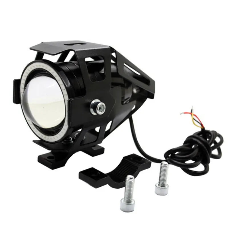 Black plastic motorcycle LED spotlight with 125W power and 50m range, 12x8cm size