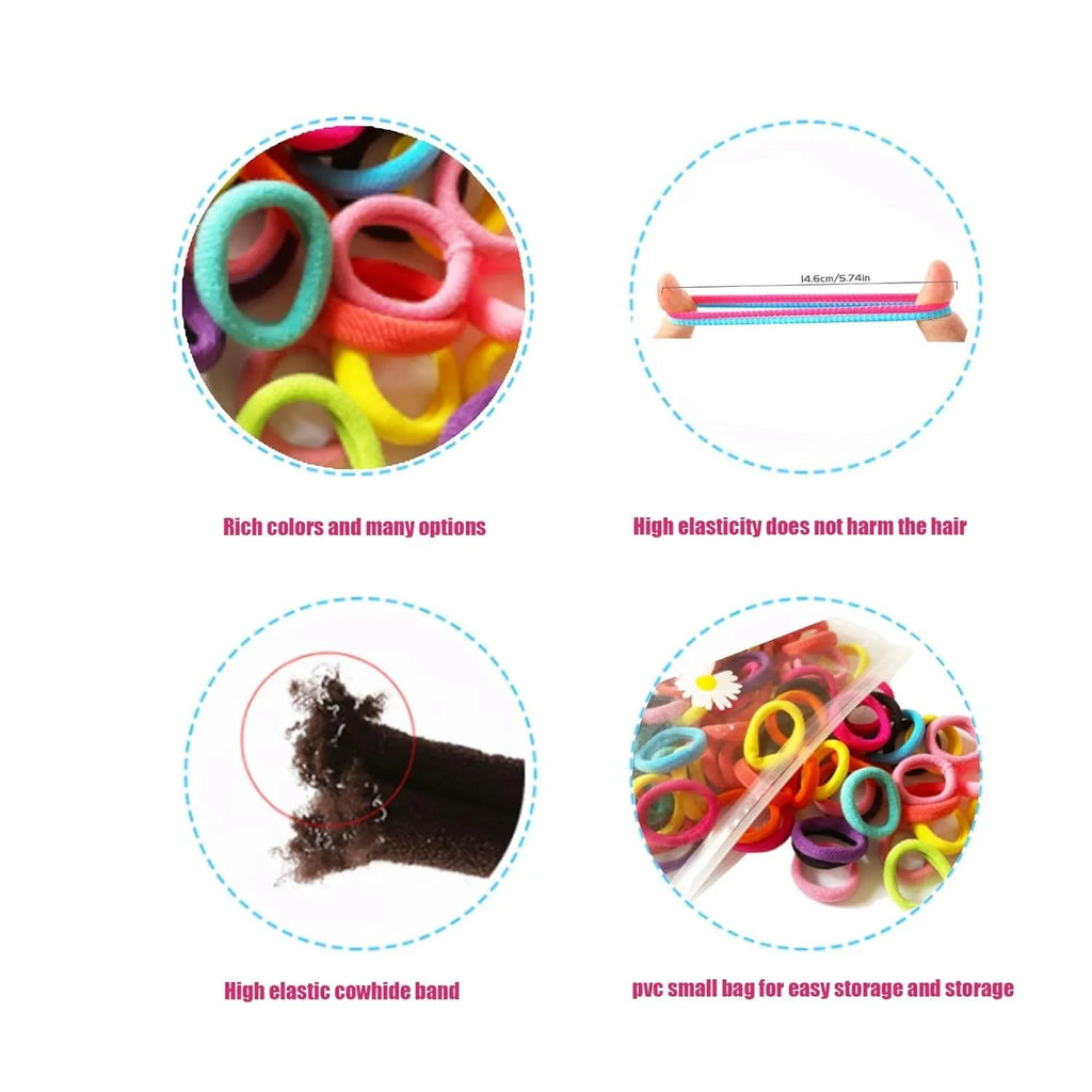 100 multicolour baby hair ties with seamless cotton construction in small storage jar