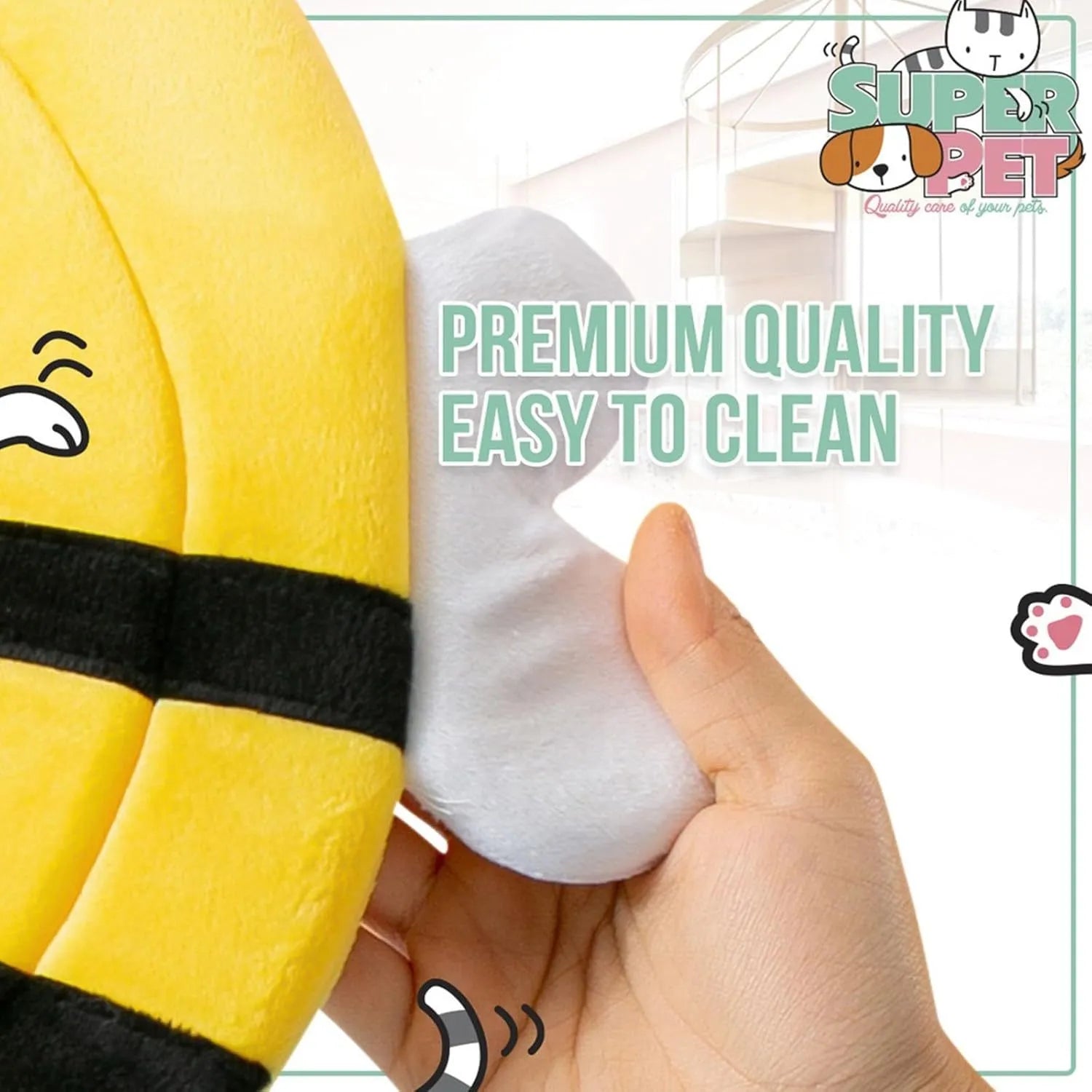 Soft cat cone collar with bee design showing adjustable velcro closure for wound protection