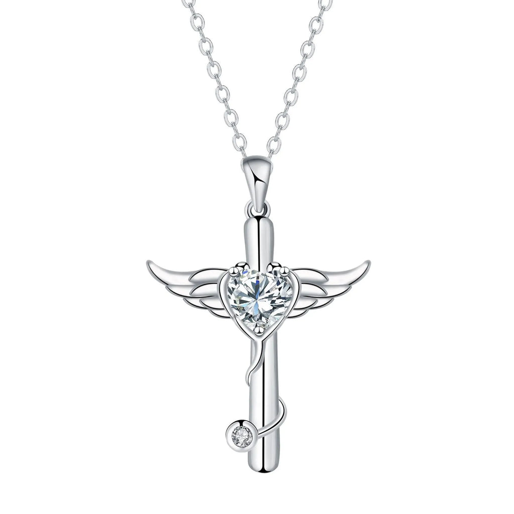 Close-up of a women's necklace with a charm combining a cross, stethoscope, and wings, in a choice of red or white electroplated finish.