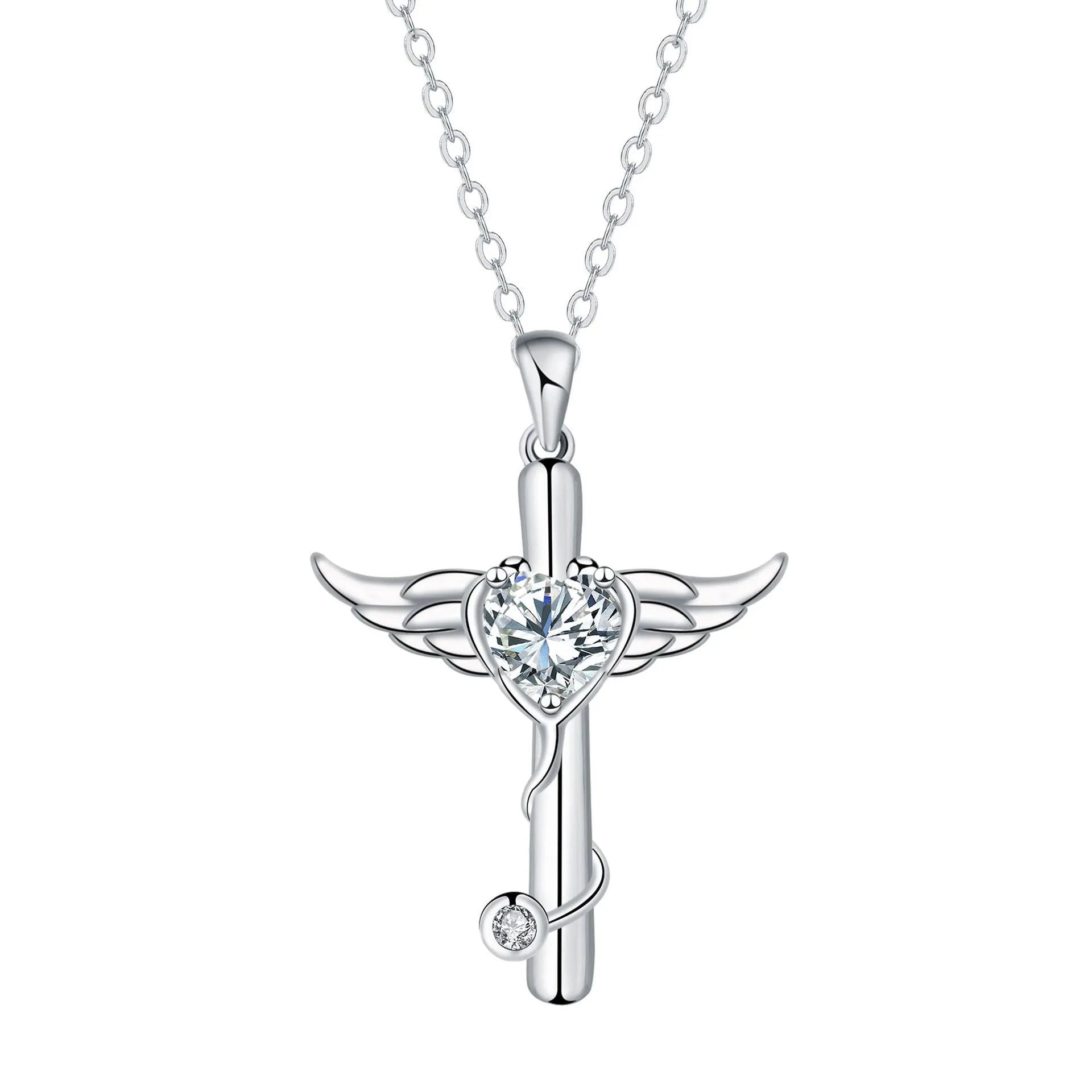 Close-up of a women's necklace with a charm combining a cross, stethoscope, and wings, in a choice of red or white electroplated finish.