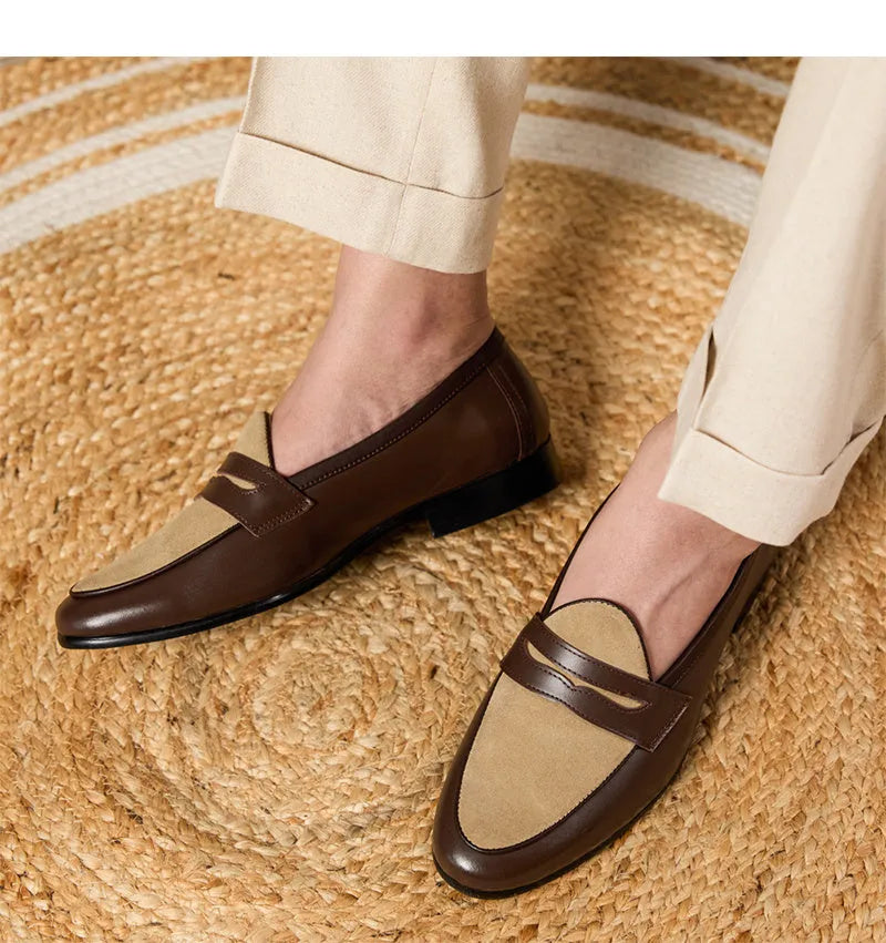 Coffee grey suede leather loafers with a slip-on design and rubber sole