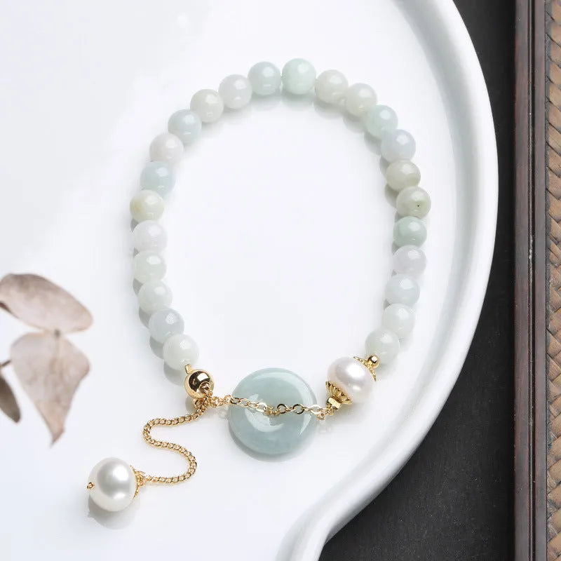 Natural emerald jade peace buckle pearl bracelet with round pendant and geometry clasp