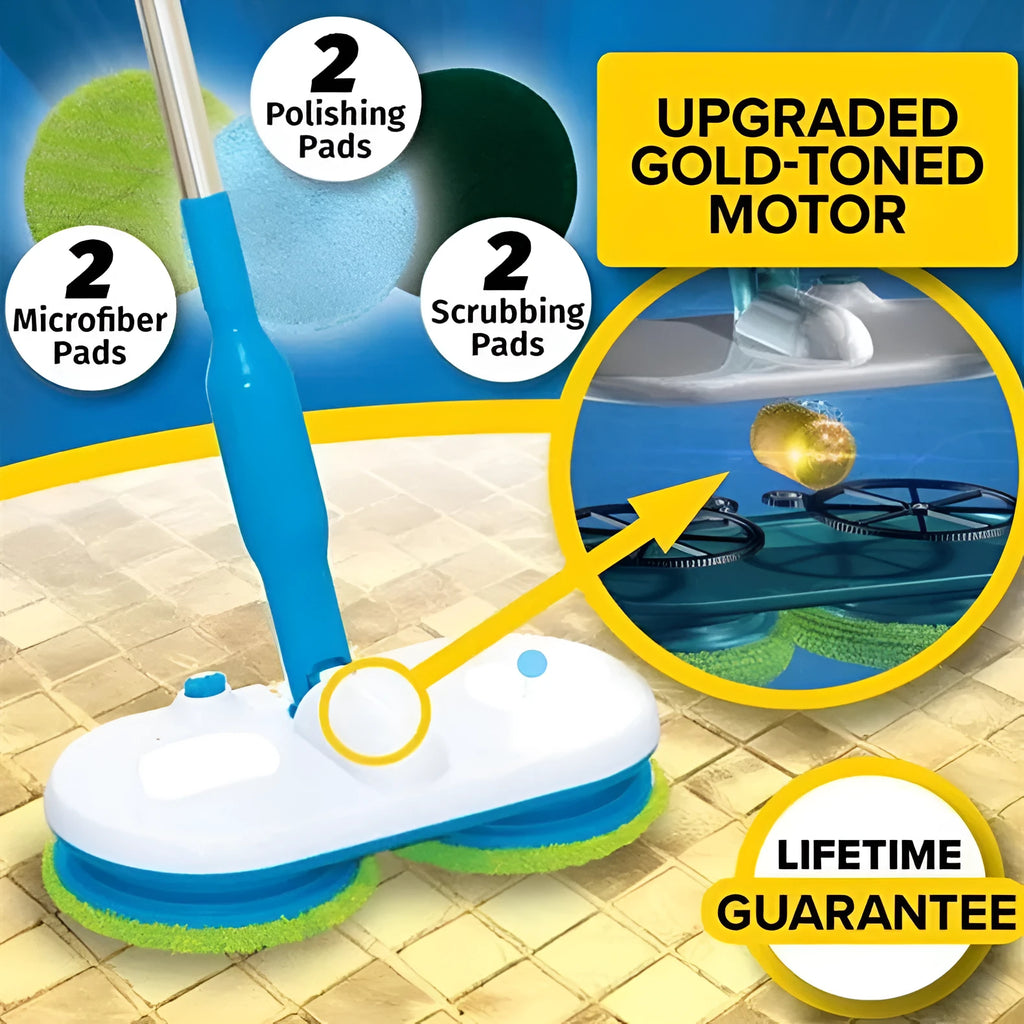Handheld wireless electric floor mop with USB charging cable and set of washable microfiber, polishing, and scrubbing pads.