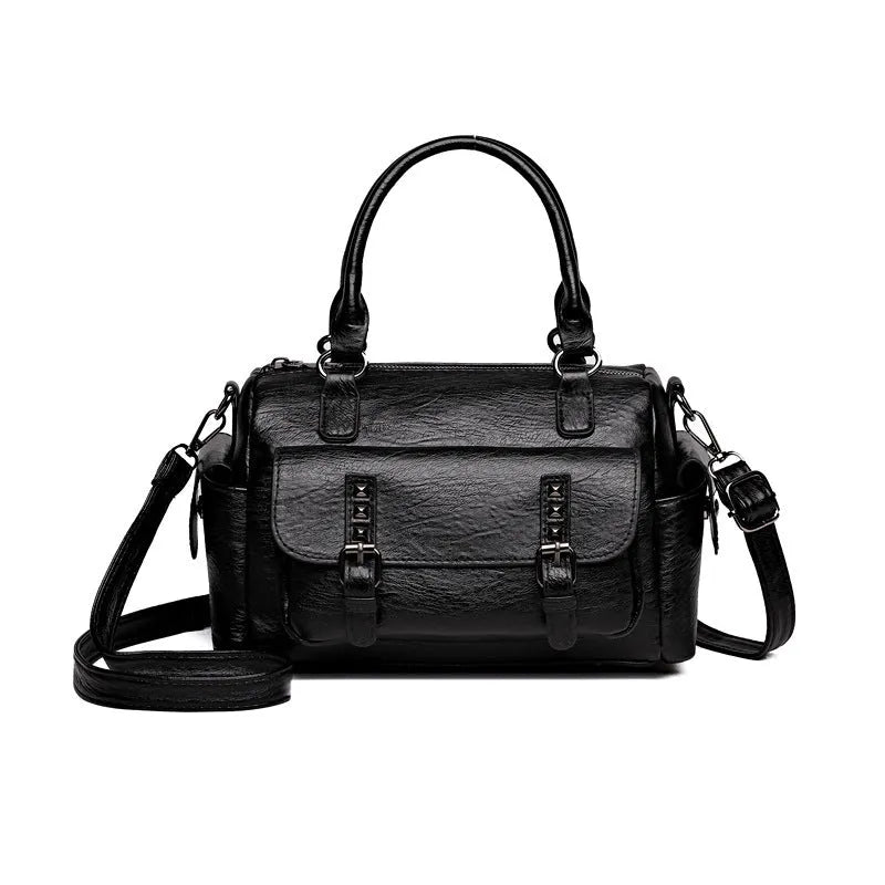 Large capacity vintage messenger bag in horizontal square shape, shown in available colours: blue, gray, camel, red, black, brown.