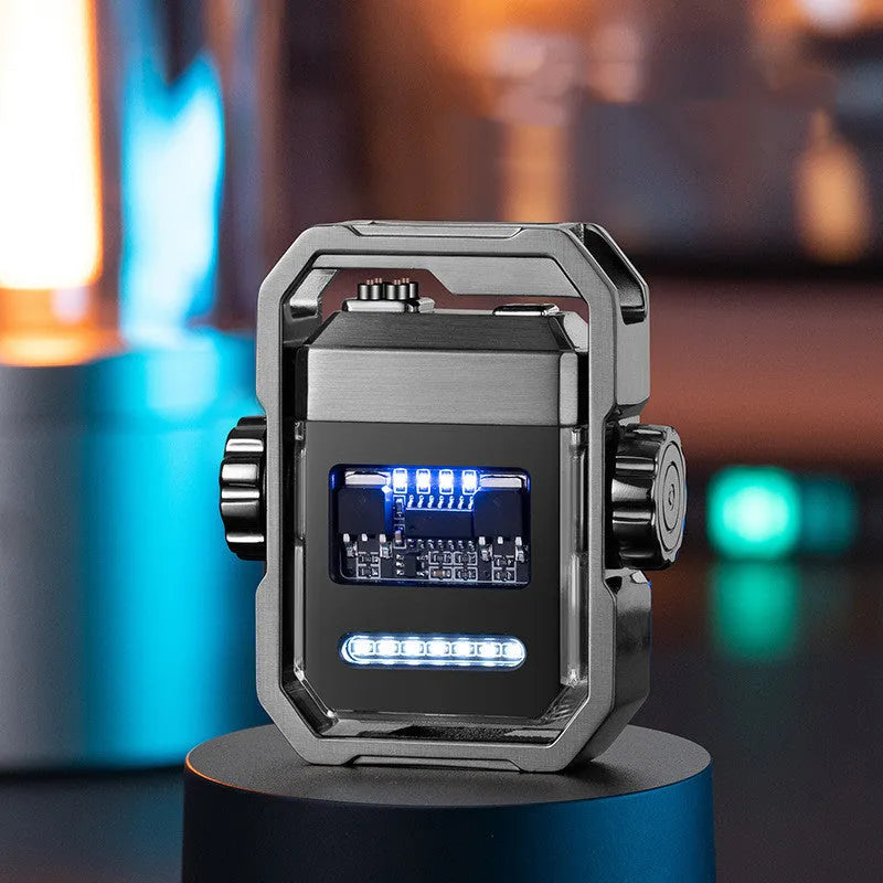 Blue windproof electric plasma lighter with a spinning metal gyroscope, shown folded and unfolded.