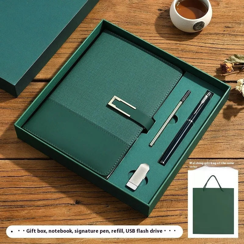 A5 leather notebook in choice of colours with gift box, open to show wood-free paper.