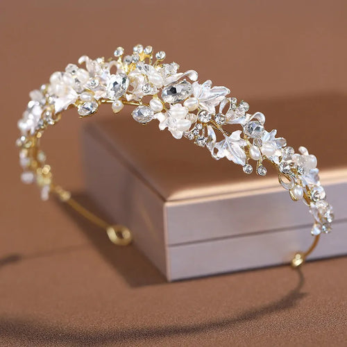 Gold and silver alloy pearl crown headdress with electroplated finish for women's wedding and birthday hair styling