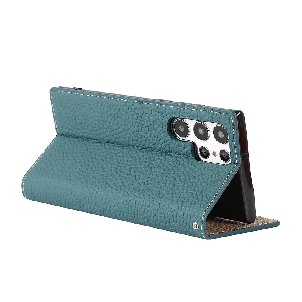 Genuine leather litchi texture phone case for Samsung Galaxy S24 Ultra in black with textured grip surface