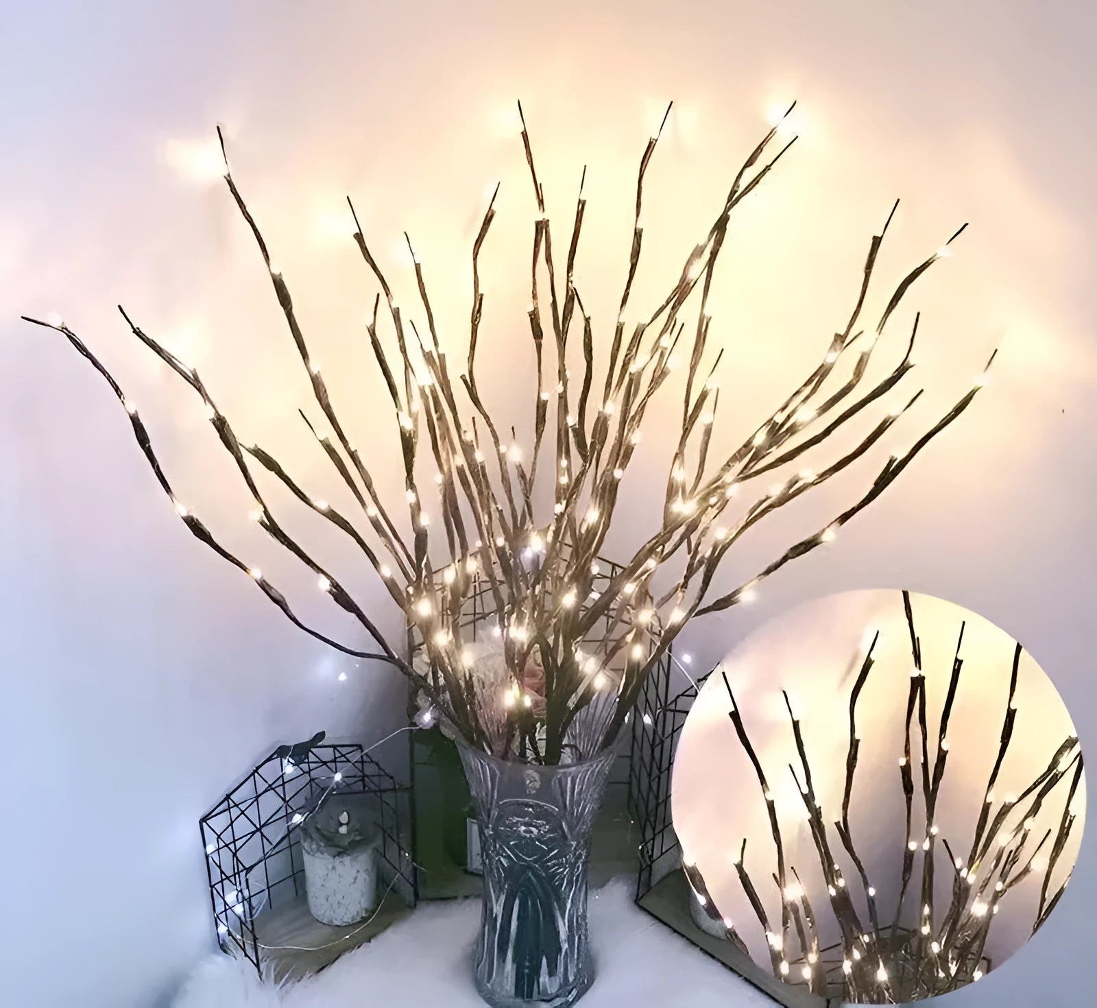 LED decorative tree light in a vase with colourful or warm white lighting options.