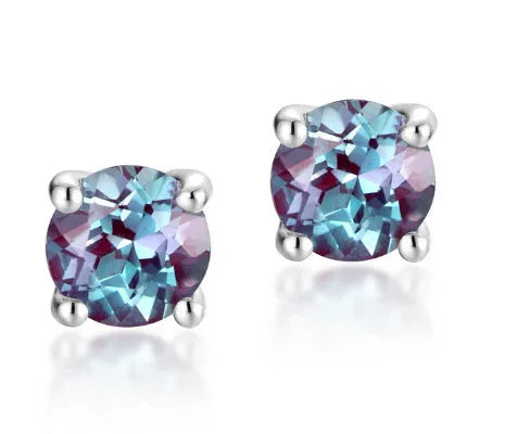 A pair of simple geometric Alexander stone ear studs in 925 silver with a round element, in cultivate Alexandrite colour.