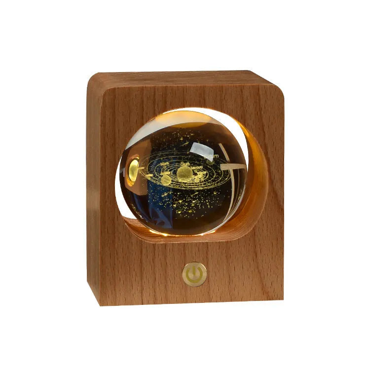 Beech crystal ball night light with 3D laser engraved jellyfish pattern on wooden base, USB dimmable lamp for bedroom