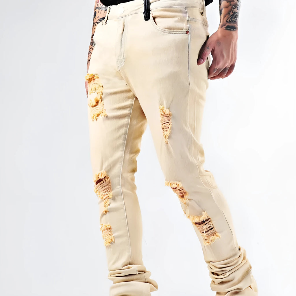 Elastic Youth Heavy Duty Flare Jeans in apricot cotton stretch denim medium high waist stone wash