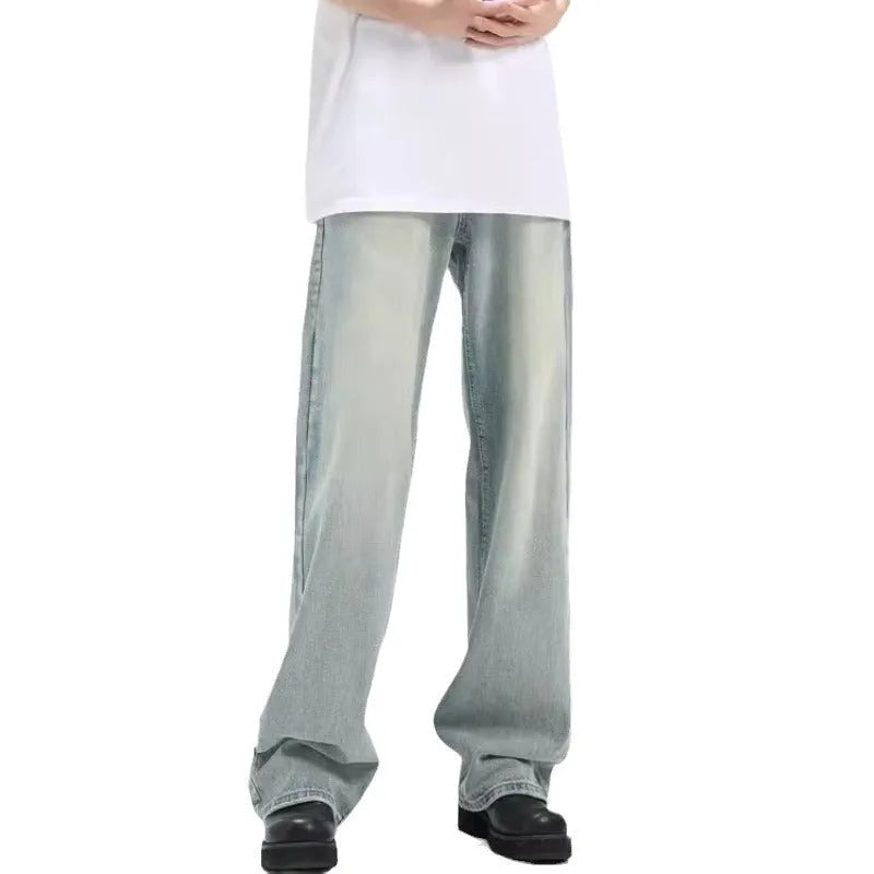 Blue retro-style loose trousers made from rabbit fur, showing a casual fit.