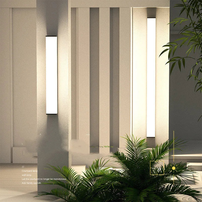 Long strip outdoor wall light with waterproof design mounted on exterior wall