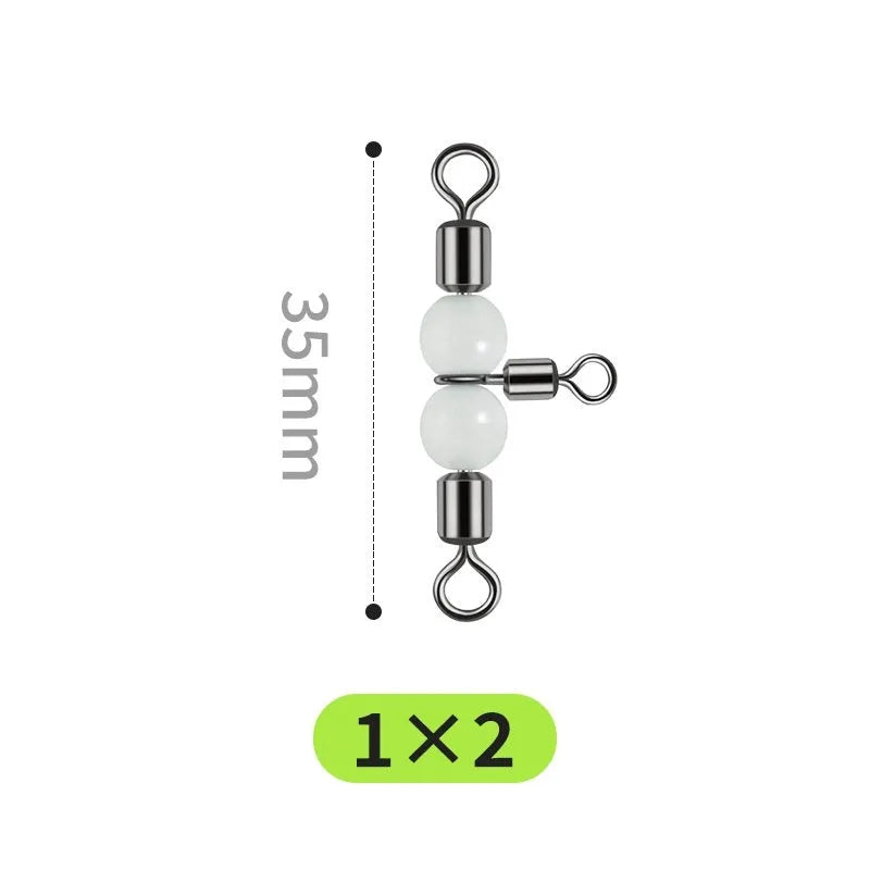 Copper three-fork fishing lure swivel beads with luminous material and eight rotating rings.