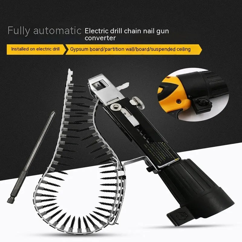 Metal chain screw gun head attachment for electric screwdrivers with cross head bit and storage rack