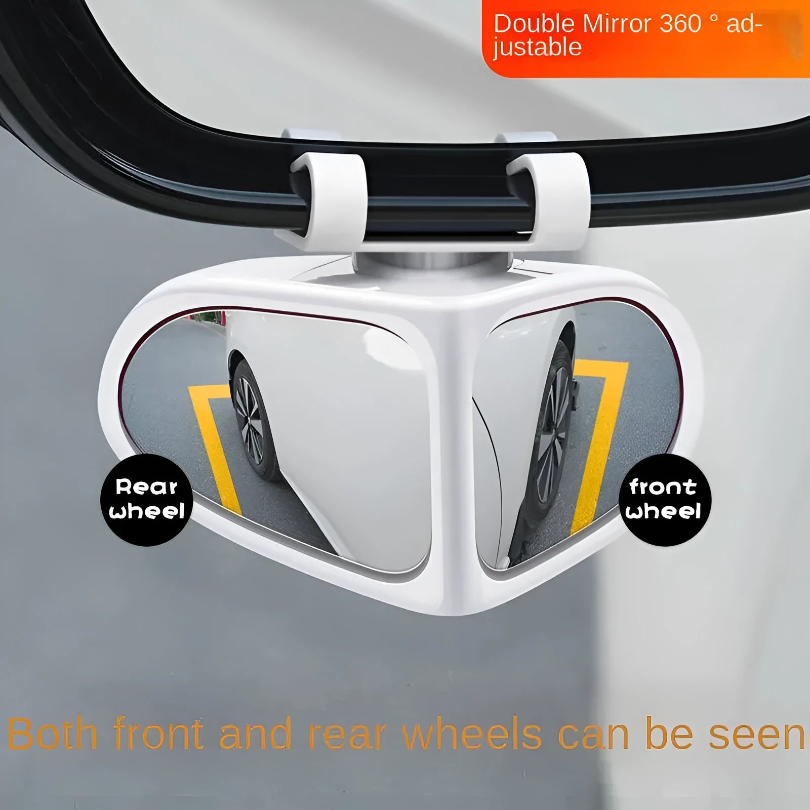 A pair of round, adjustable wide-angle car mirrors with adhesive backing, shown in assorted colours.