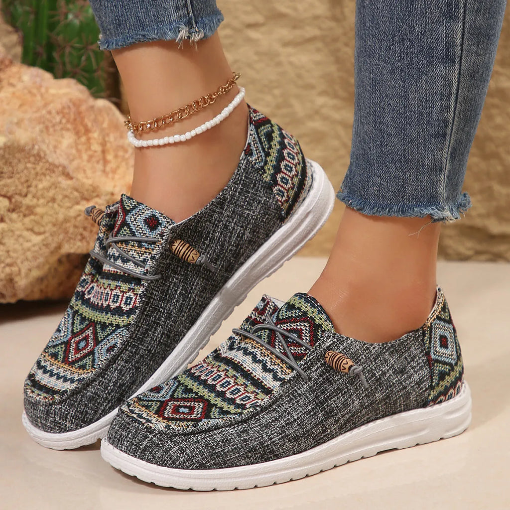 Women's flat round toe casual shoes in black, dark grey and khaki with artificial PU upper and rubber sole