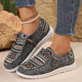 Women's flat round toe casual shoes in black, dark grey and khaki with artificial PU upper and rubber sole