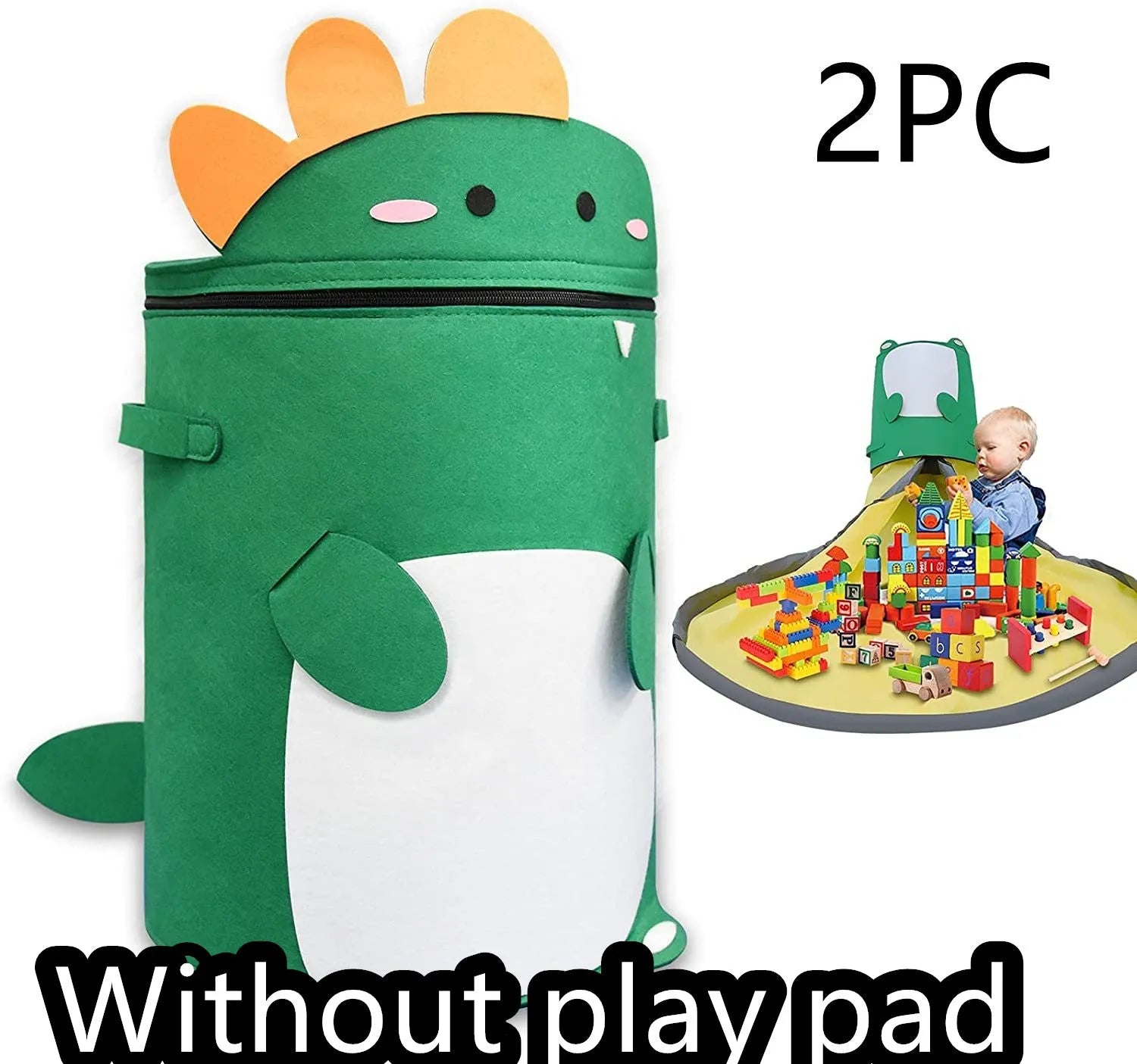 Green felt cube storage bag with pull rope, shown both as a closed bag and flattened as a play mat.