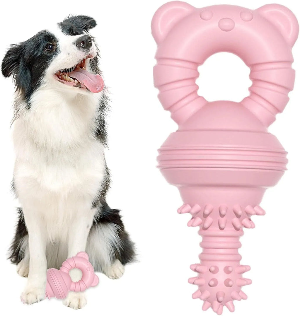 Blue, green, and pink molar-shaped rubber dog chew toy with textured surface and bell.