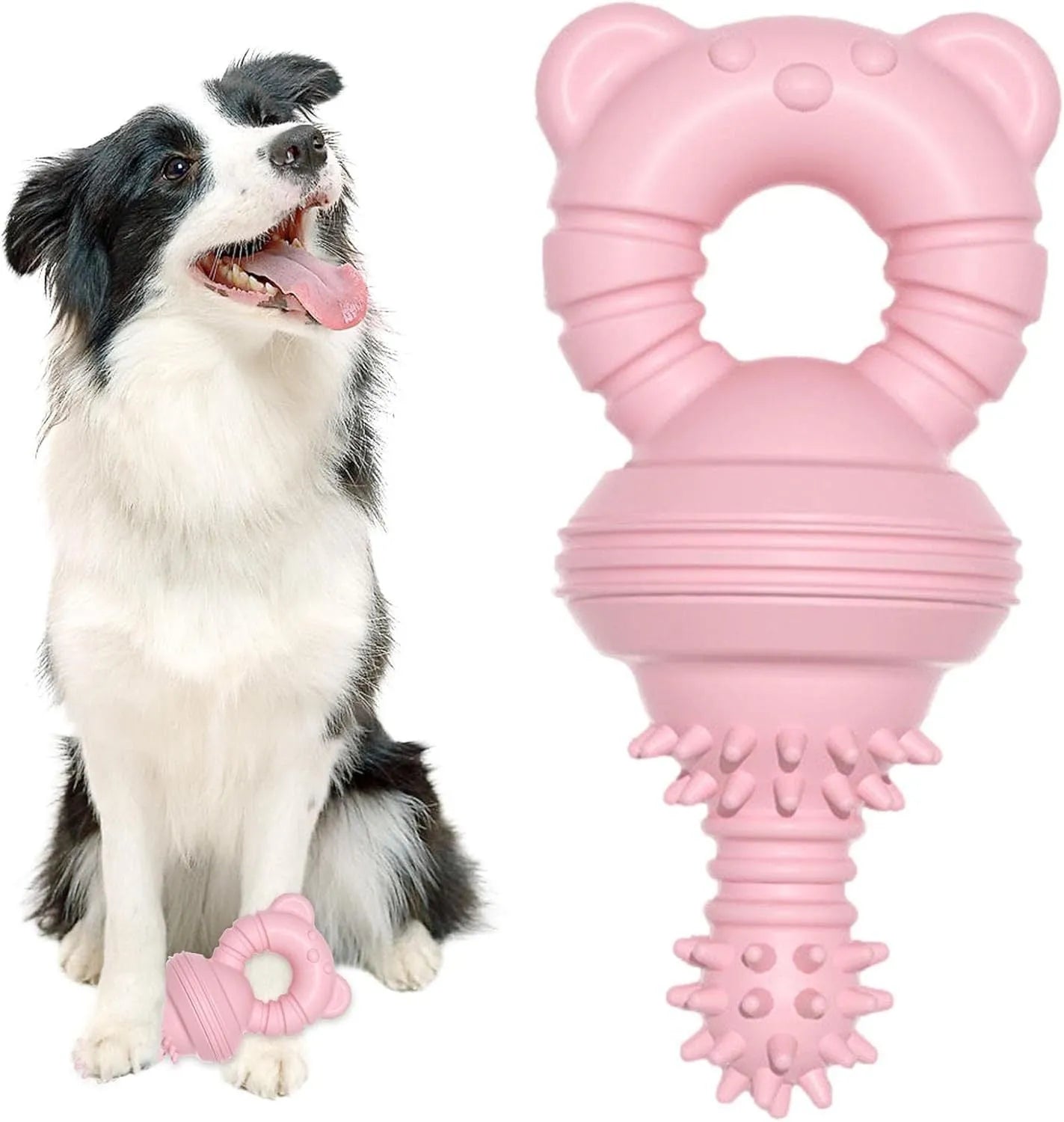 Blue, green, and pink molar-shaped rubber dog chew toy with textured surface and bell.