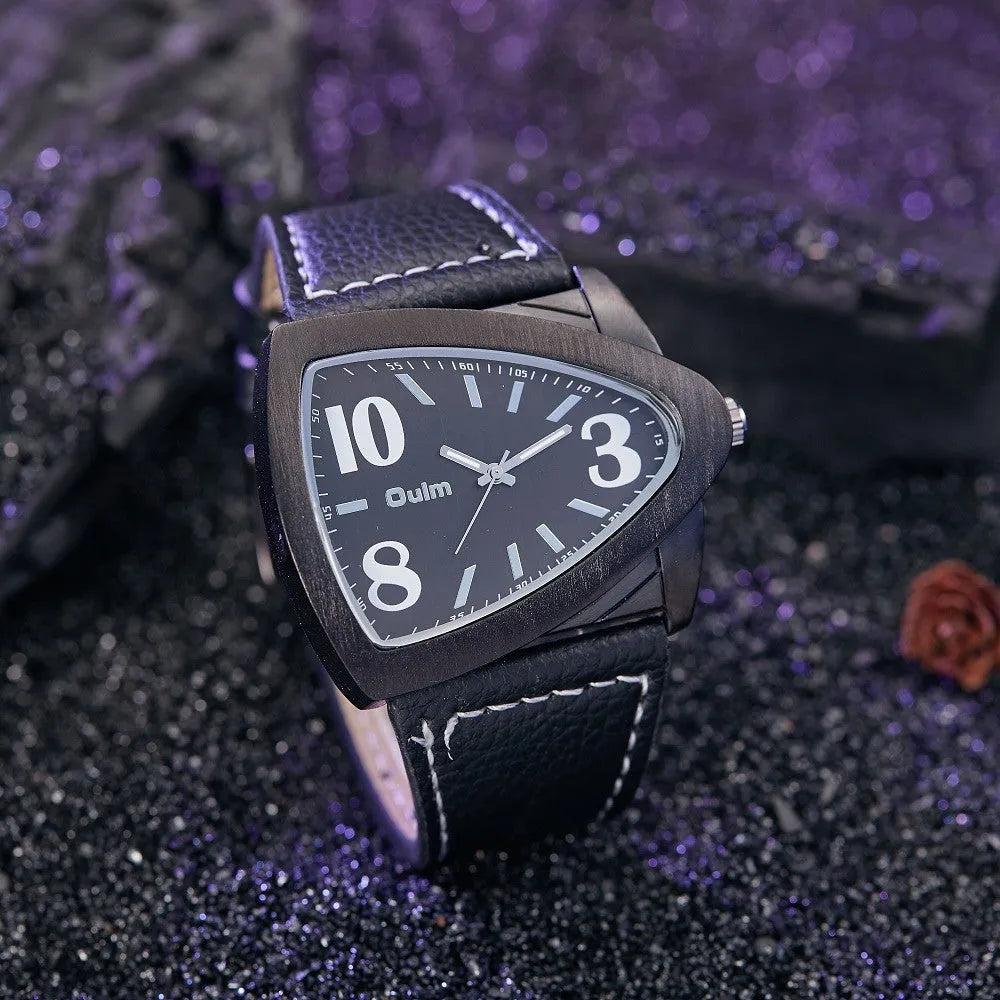 Men's casual triangle belt quartz watch showing analogue face with 9mm thickness