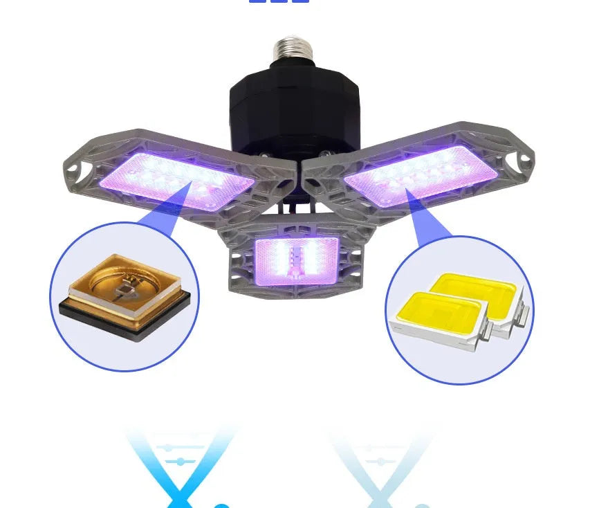 Folding LED garage light with white and purple modes, E27/E26/B22 base, silver grey