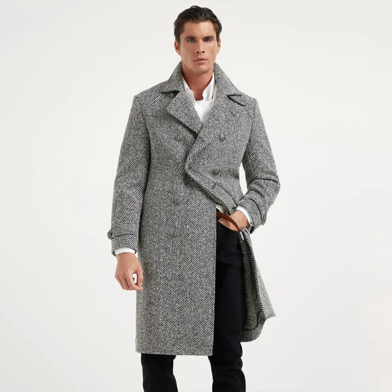 Men's mid-length double-breasted woolen overcoat in light gray with suit collar and placket front