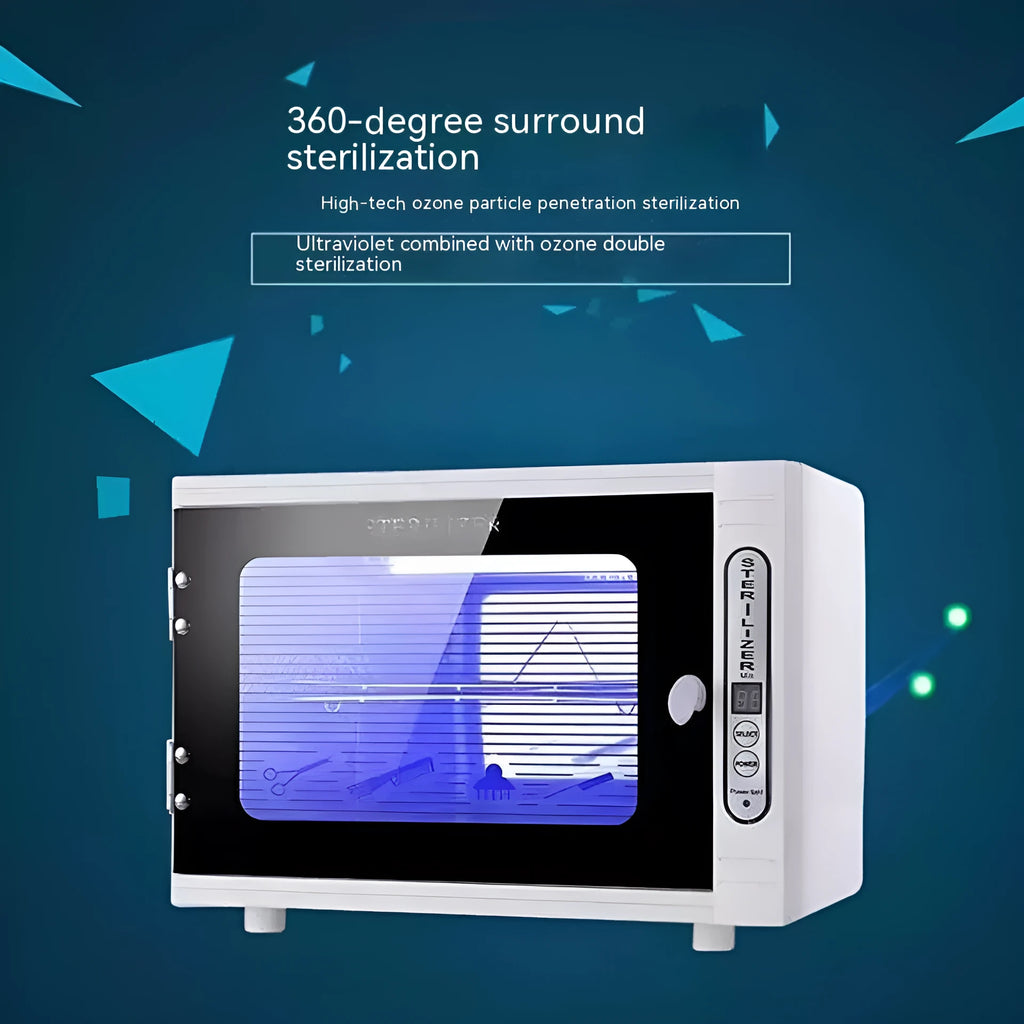 Small silver ultraviolet sterilizer with stainless steel chamber for nail salon and barber tools