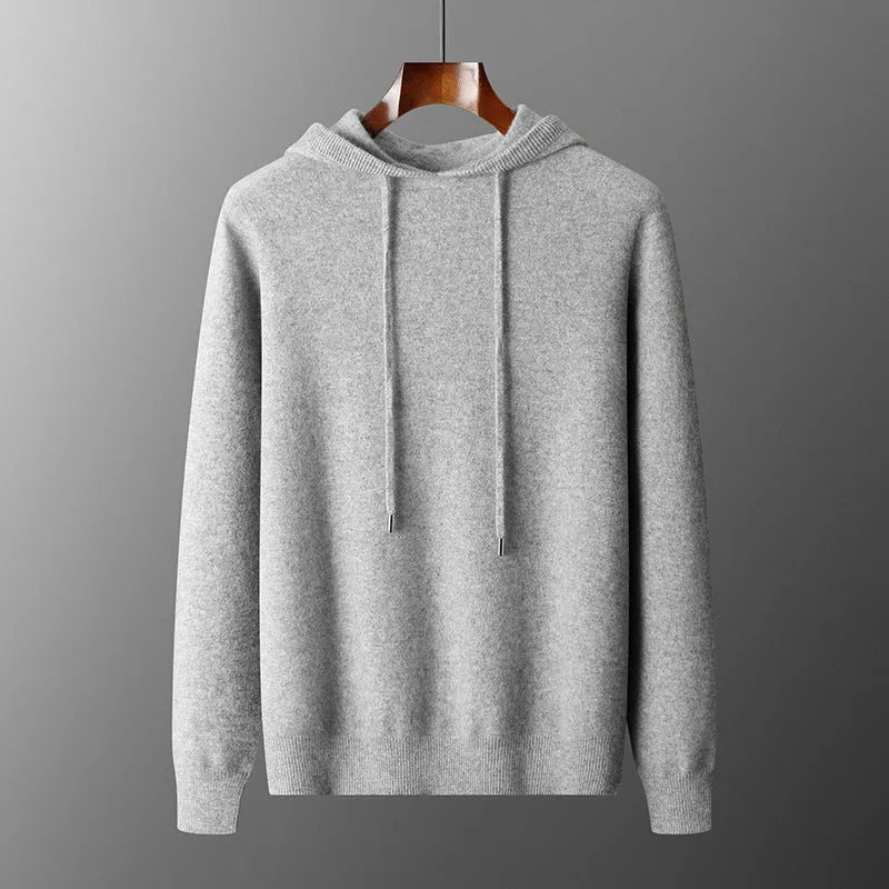 Men's light gray cashmere hooded sweatshirt and long pants set on a hanger.