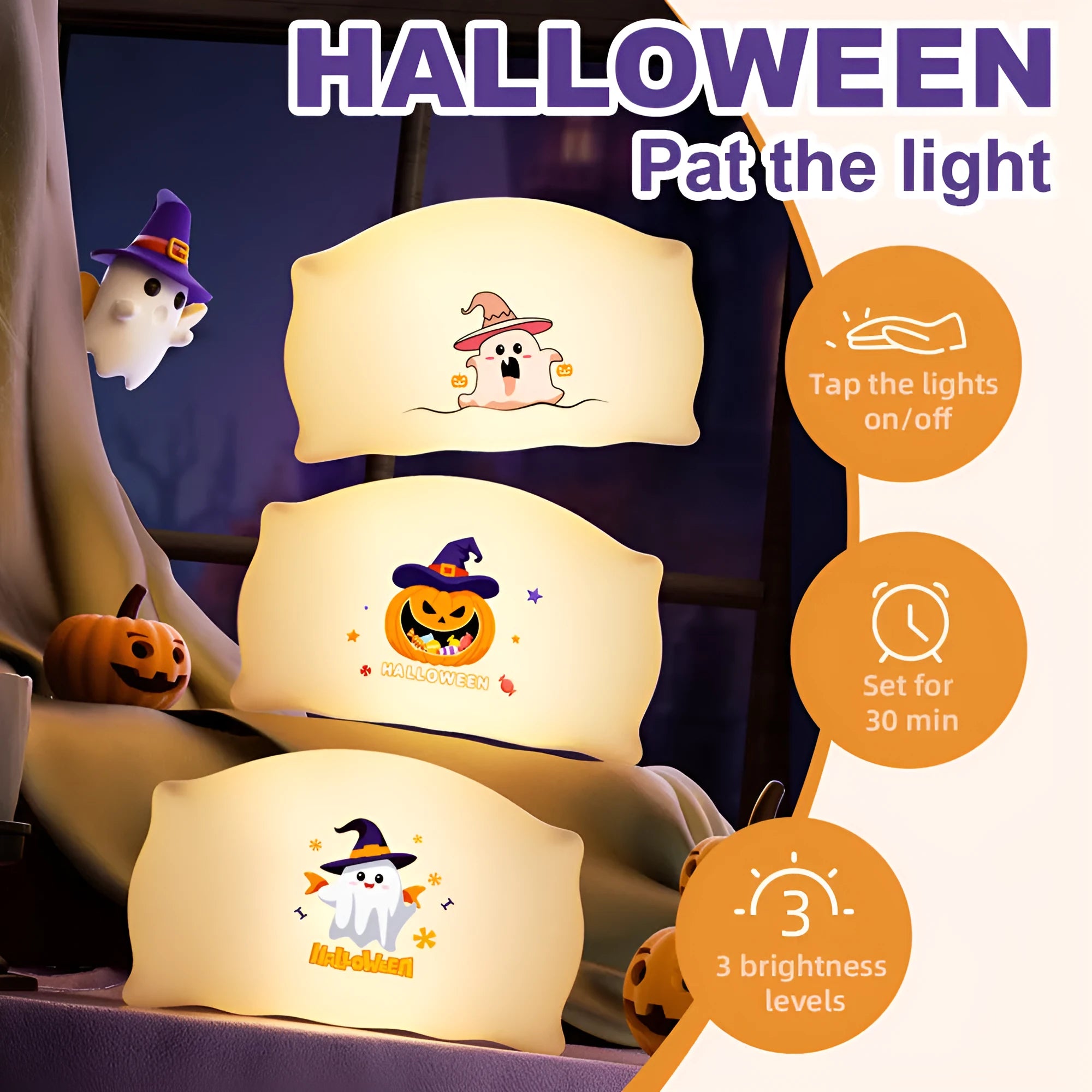 Cartoon Halloween doll table lamp with warm light, showing magic ghost design and dimensions 99x70x50mm