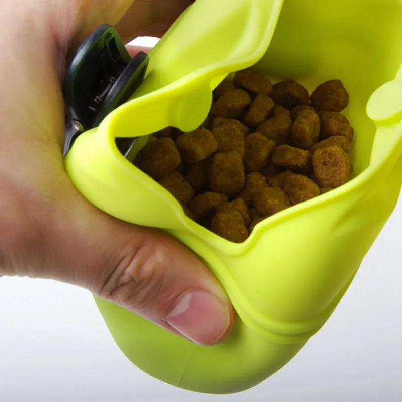 A portable silicone dog treat waist bag with a clip and magnetic opening, shown in available colours.