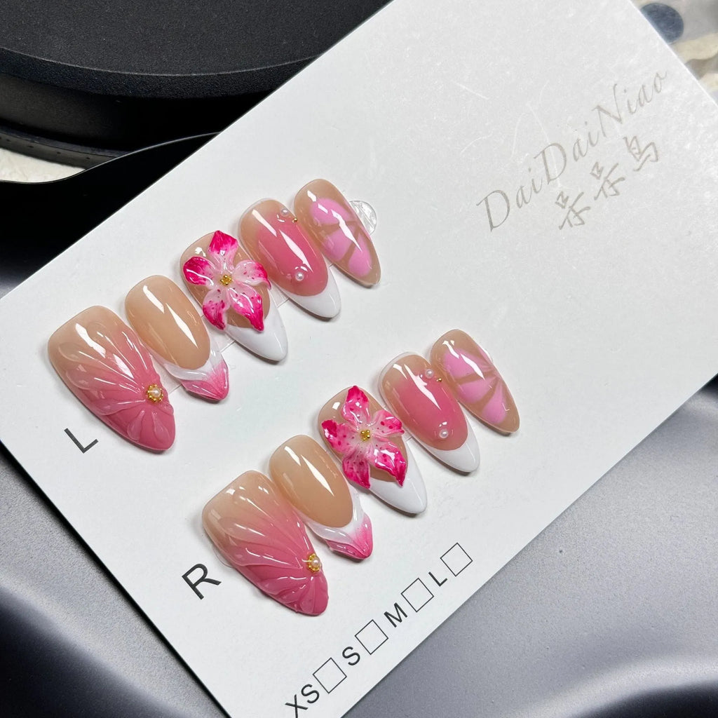 French style three-dimensional lily and ice flower manicure wraps in almond shape on plastic wearable armour