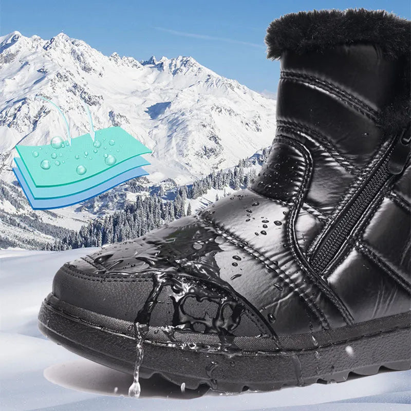 Winter high top snow boots with side zipper, fur upper, plush lining, and polyurethane sole in black