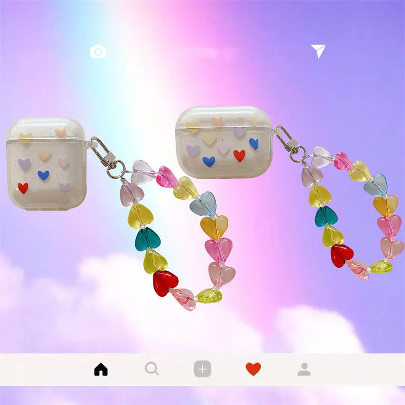 Solid colour TPU flip-style protective case for Apple AirPods with attached chain in colour love chain design.