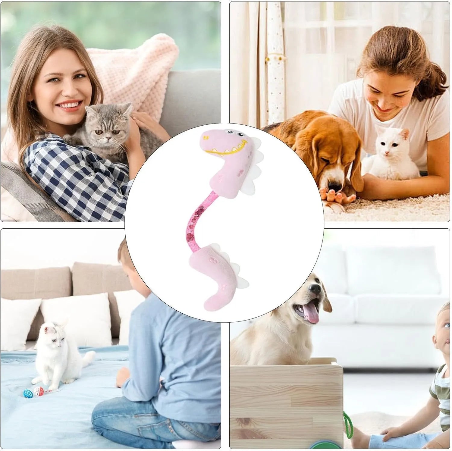 Four cat chew toys including plush mouse, fish, bunny, and chew toy in pink, purple, and yellow colours