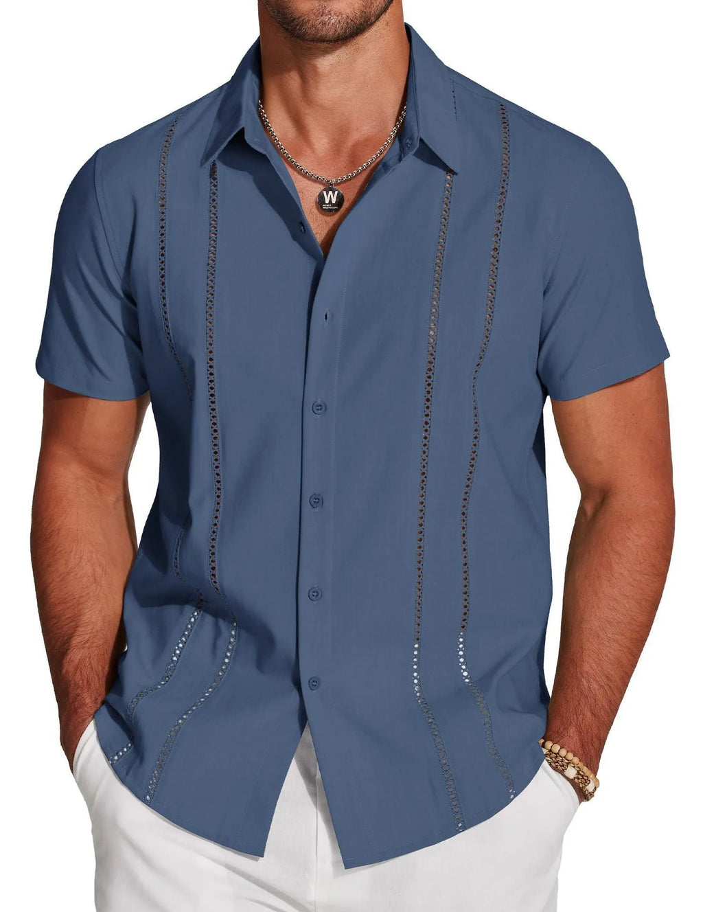 Men's slim fit short sleeve Hawaiian shirt with digital print pattern on elastic polyester fabric.
