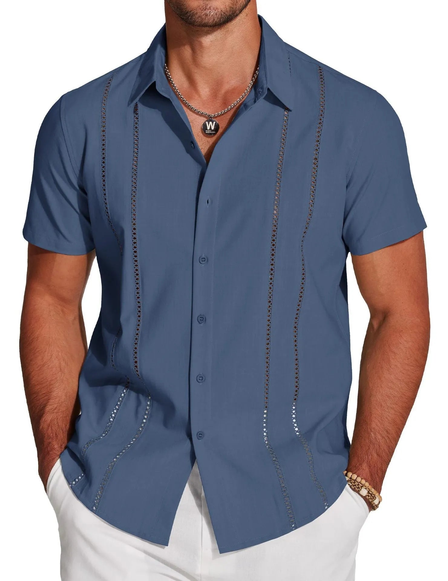 Men's slim fit short sleeve Hawaiian shirt with digital print pattern on elastic polyester fabric.