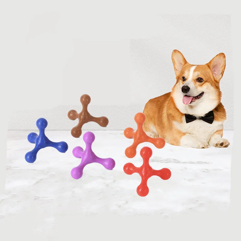 Blue silicone puppy teething toy with three legs, measuring 9.5 cm for small and medium dogs.