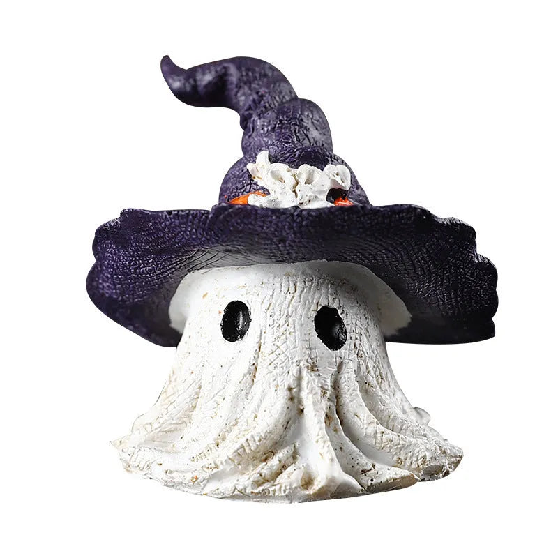 A detailed resin wizard hat ornament with a ghost theme in either kid-purple or black colour.