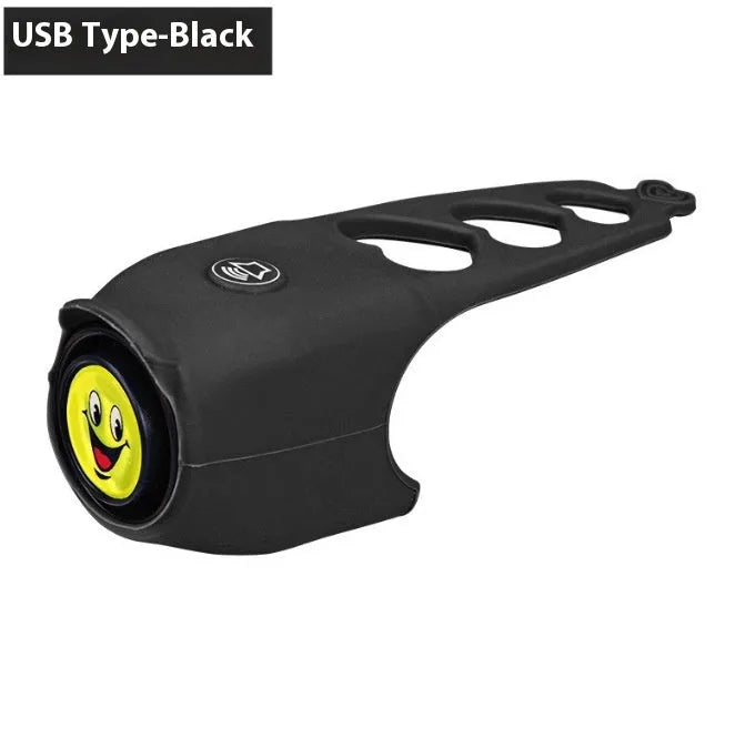 Bicycle electronic horn in plastic body with black colour, showing fixture and fitting for handlebar mounting