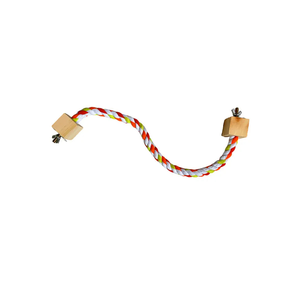 Parrot climbing rope toy with wooden rings in 30cm size, natural wood and rope construction, dark floral pattern