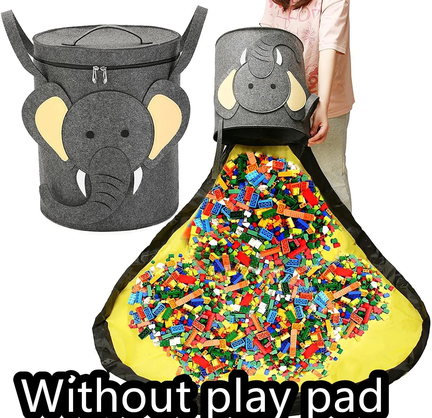 Green felt cube storage bag with pull rope, shown both as a closed bag and flattened as a play mat.