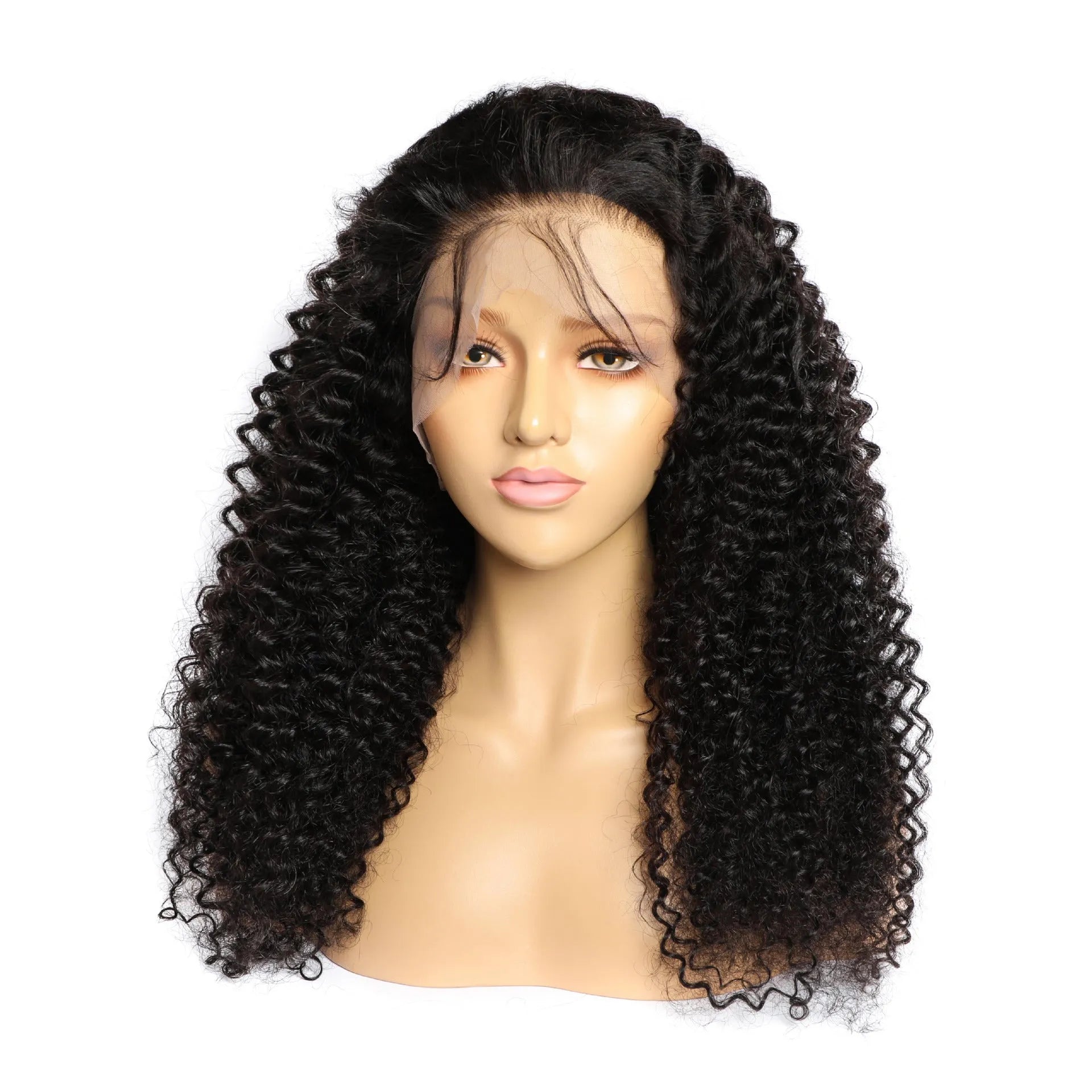 Curly human hair wig with lace front showing hand-woven construction and natural curl pattern
